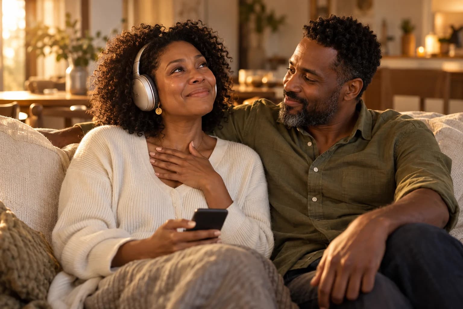 A couple sharing a quiet moment while she listens to music